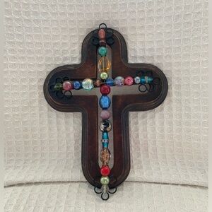 Amazing Distressed Heavy Wood 3D Cross With Metal Accents And Beads